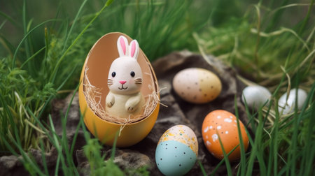 Happy Easter Day background and backdrop, cute bunny rabbit, ornament, and colorful egg, copy space...