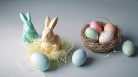 Happy Easter Day background and backdrop, cute bunny rabbit, ornament, and colorful egg, copy space greeting and backdrop, banner, rustic vintage design material. Celebrate Easter.の写真素材