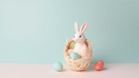 Happy Easter Day background and backdrop, cute bunny rabbit, ornament, and colorful egg, copy space...