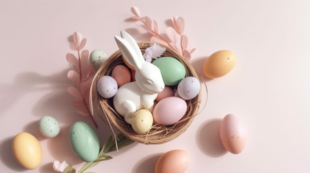 Happy Easter Day background and backdrop, cute bunny rabbit, ornament, and colorful egg, copy space greeting and backdrop, banner, rustic vintage design material. Celebrate Easter.の写真素材