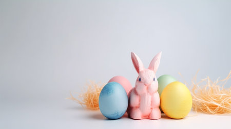 Happy Easter Day background and backdrop, cute bunny rabbit, ornament, and colorful egg, copy space greeting and backdrop, banner, rustic vintage design material. Celebrate Easter.の写真素材