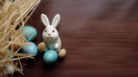 Happy Easter Day background and backdrop, cute bunny rabbit, ornament, and colorful egg, copy space greeting and backdrop, banner, rustic vintage design material. Celebrate Easter.の写真素材