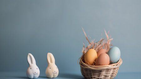 Happy Easter Day background and backdrop, cute bunny rabbit, ornament, and colorful egg, copy space greeting and backdrop, banner, rustic vintage design material. Celebrate Easter.の写真素材