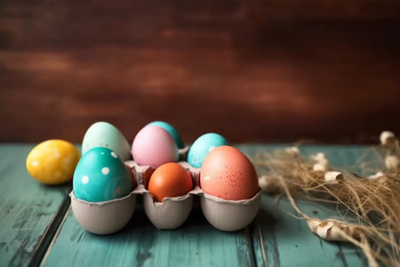 Happy Easter Day background and backdrop, cute bunny rabbit, ornament, and colorful egg, copy space greeting and backdrop, banner, rustic vintage design material. Celebrate Easter.の写真素材