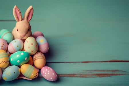 Happy Easter Day background and backdrop, cute bunny rabbit, ornament, and colorful egg, copy space...