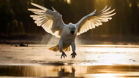 Wild white cockatoo parrot bird fly low to the surface of the water ready to catch fish.の写真素材