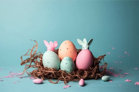 Happy Easter Day background and backdrop, cute bunny rabbit, ornament, and colorful egg, copy space greeting and backdrop, banner, rustic vintage design material. Celebrate Easter.の写真素材