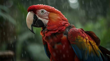 Red scarlet Macaw bird taking shelter after being rained on.の写真素材
