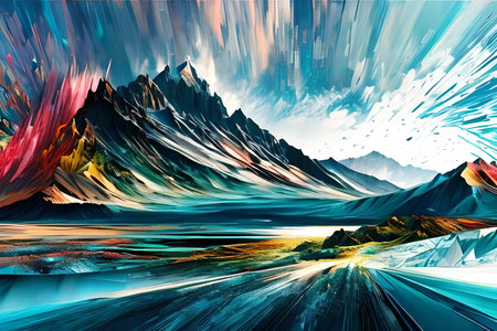 Contemporary acrylic painting fine art illustration of abstract natural panoramic landscape mountain artistic print digital art. Oil painting watercolor painting.の素材