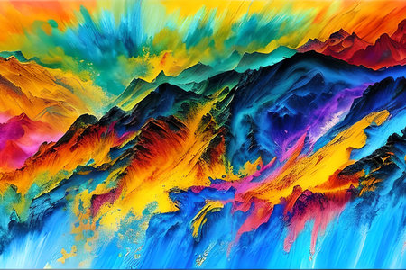 Water color or oil painting fine art illustration of abstract colorful panoramic mountain and nature print digital art.の素材