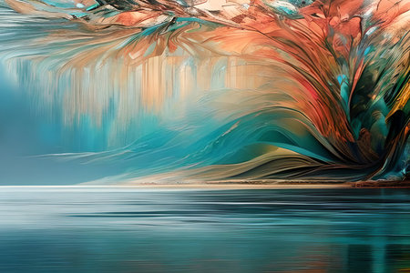 Contemporary acrylic painting fine art illustration of abstract natural panoramic landscape a lake and nature artistic print digital art. Oil painting watercolor painting.の素材