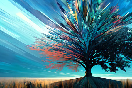 Contemporary acrylic painting fine art illustration of abstract magical colorful tree artistic print digital art. Oil painting.の素材