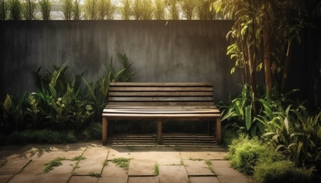 Backyard garden wooden bench a place to sit and relax with nature and plant surround. Background and backdrop.の写真素材