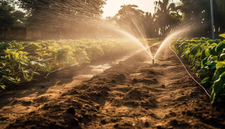 Water splash spray at the vegetable field crop or garden soil could be from hose or garden sprinkler. Watering the plant at the garden backyard or vegetable crop.の写真素材