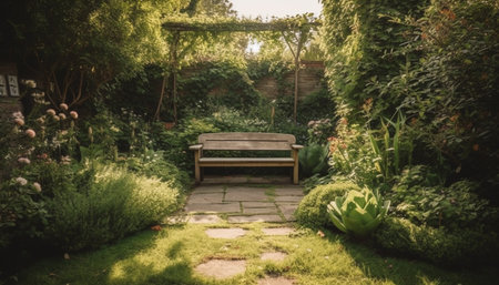 Backyard garden wooden bench a place to sit and relax with nature and plant surround. Background and backdrop.の写真素材