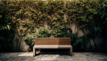 Natural minimalist backyard home with some garden and wooden bench a place to relax and sit. As...