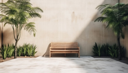 Natural minimalist backyard home with some garden and wooden bench a place to relax and sit. As background and backdrop.の写真素材