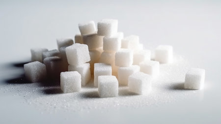 A pile of white sugar cube in a glass jar studio product shot photography presentation on isolated on white background.の写真素材