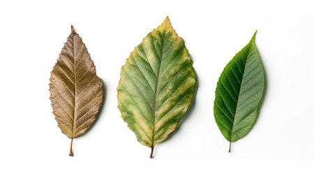 Various leaf plant from young, disease leaf and normal leaf isolated on white background.の写真素材