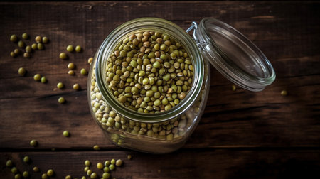 A jar of green mung bean studio shot product presentation food photography.