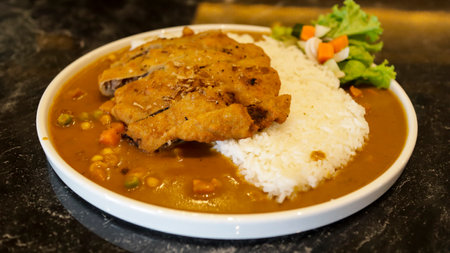 English chicken schnitzel curry with rice and good plating presentation. Thin slice of meat chicken breasts that is breaded and fried, popular dish in Germany.の写真素材