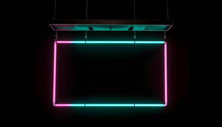 Hanging bright pink and green rectangle neon light sign, background and backdrop and some negative space at the center.の写真素材