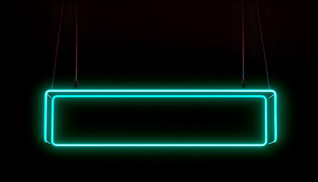 Hanging bright green rectangle neon light sign, background and backdrop and some negative space at the center.の写真素材