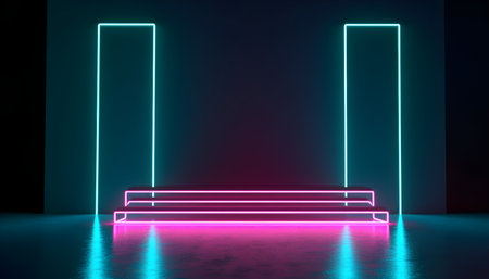 Futuristic Stage colorful neon lights stages room background and backdrop, empty podium for Product Display or Presentations, abstract modern, Perfect for Showcases and Modern Projects. 3D Rendering.の写真素材
