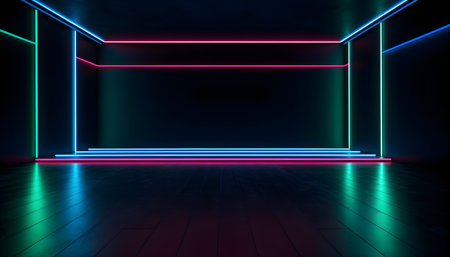 Futuristic Stage colorful neon lights stages room background and backdrop, empty podium for Product Display or Presentations, abstract modern, Perfect for Showcases and Modern Projects. 3D Rendering.の写真素材