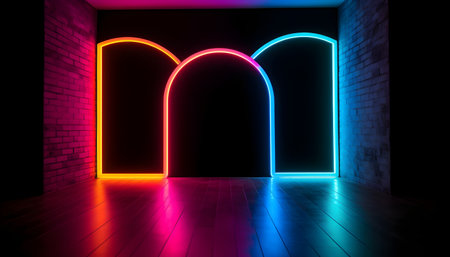 Futuristic Stage colorful neon lights stages room background and backdrop, empty podium for Product Display or Presentations, abstract modern, Perfect for Showcases and Modern Projects. 3D Rendering.の写真素材
