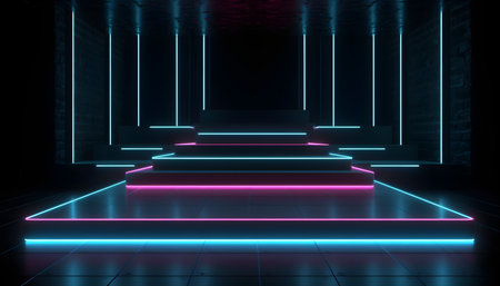 Futuristic Stage colorful neon lights stages room background and backdrop, empty podium for Product Display or Presentations, abstract modern, Perfect for Showcases and Modern Projects. 3D Rendering.の写真素材