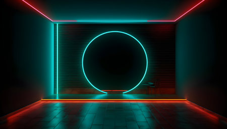 Futuristic Stage colorful neon lights stages room background and backdrop, empty podium for Product Display or Presentations, abstract modern, Perfect for Showcases and Modern Projects. 3D Rendering.の写真素材
