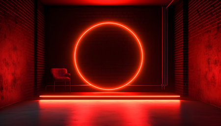 Futuristic Stage colorful neon lights stages room background and backdrop, empty podium for Product Display or Presentations, abstract modern, Perfect for Showcases and Modern Projects. 3D Rendering.の写真素材