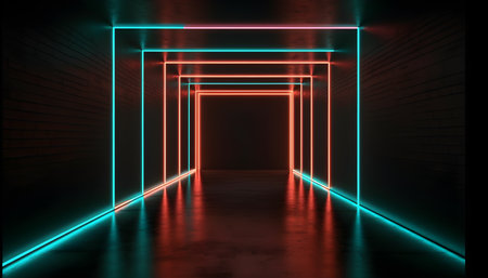 Futuristic Stage colorful neon lights stages room background and backdrop, empty podium for Product Display or Presentations, abstract modern, Perfect for Showcases and Modern Projects. 3D Rendering.の写真素材