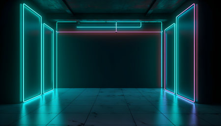 Futuristic Stage colorful neon lights stages room background and backdrop, empty podium for Product Display or Presentations, abstract modern, Perfect for Showcases and Modern Projects. 3D Rendering.の写真素材