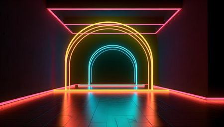 Futuristic Stage colorful neon lights stages room background and backdrop, empty podium for Product Display or Presentations, abstract modern, Perfect for Showcases and Modern Projects. 3D Rendering.の写真素材