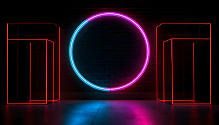 Futuristic Stage colorful neon lights stages room background and backdrop, empty podium for Product Display or Presentations, abstract modern, Perfect for Showcases and Modern Projects. 3D Rendering.の写真素材