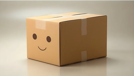 Close corrugated cardboard box with smile on the side, stored boxes, carton material isolated on white background studio shot.の写真素材