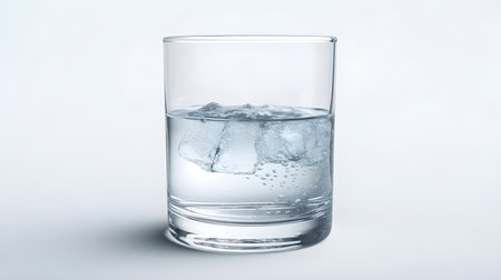 a glass of mineral water with ice cube half full isolated on white background studio shot.の写真素材