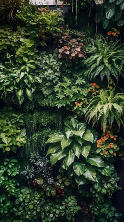 Vertical garden ornamental plant background backdrop portrait. Fern, vine, green leaves, nature wallpaper, decorative wall.の写真素材