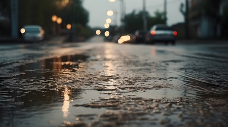 Wet at the middle of the road surface from the rain blurry bokeh background.の写真素材