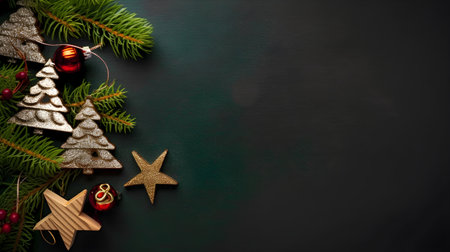 Elegant beautiful Christmas ornament decoration tree, pine leaf, glass ball ornament, and star, flat lay used for banner and background or backdrop for seasonal greetings.の写真素材