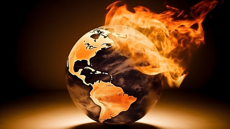 Illustration of the earth world globe on fire or burning increasing the temperature. Climate change, burning earth global warming concept.の写真素材
