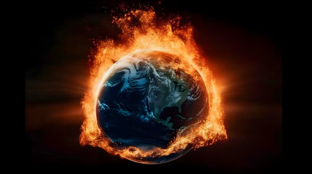 Illustration of the earth world globe on fire or burning increasing the temperature. Climate change, burning earth global warming concept.の写真素材