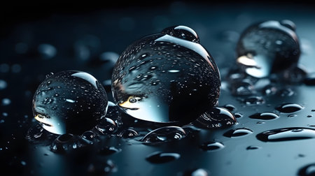 Large transparent water drops splash on the black floor dark room.