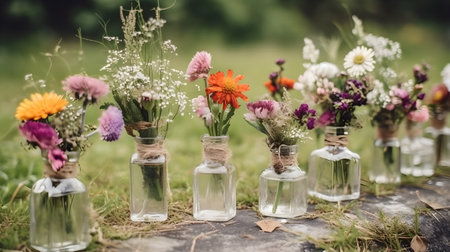 A vases full of colorful flower line up preparation for some event to be placed in the table for decoration.の写真素材
