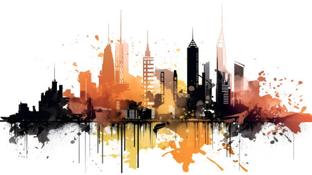 Illustration of city silhouette, lot of high rise building daylight colorful abstract artistic paint style isolated on white background.の素材