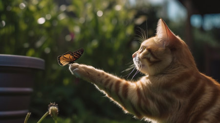 A domestic yellow house cat playing with the butterfly at the backyard blur nature background and sunny day. Cat holding a butterfly.の写真素材