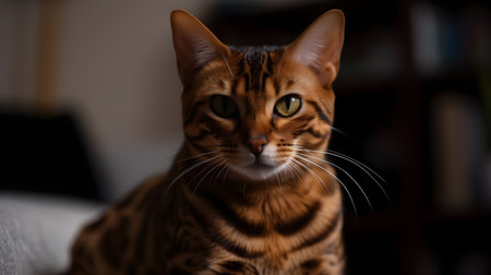A grey stripe domestic pet house cat sit, looking, and stare at the camera.の写真素材