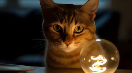 A grey stripe domestic pet house cat sit, looking, and stare at the bright light bulb.の写真素材